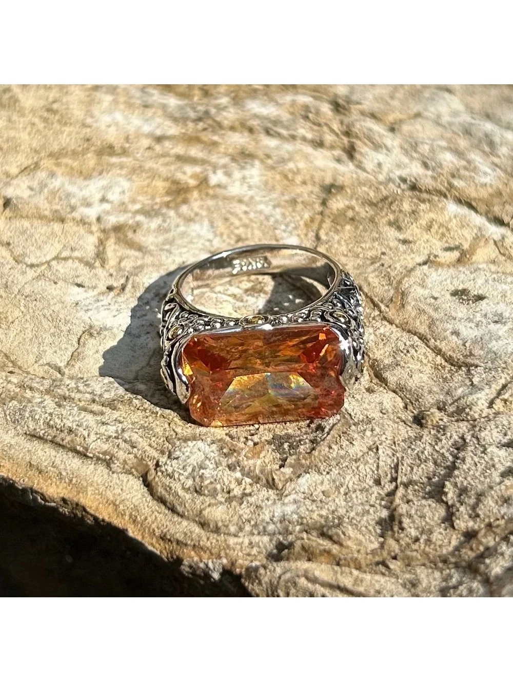Vintage Style Silver Tone Citrine Topaz CZ and 18K GE Statement Ring - Size 9.25
